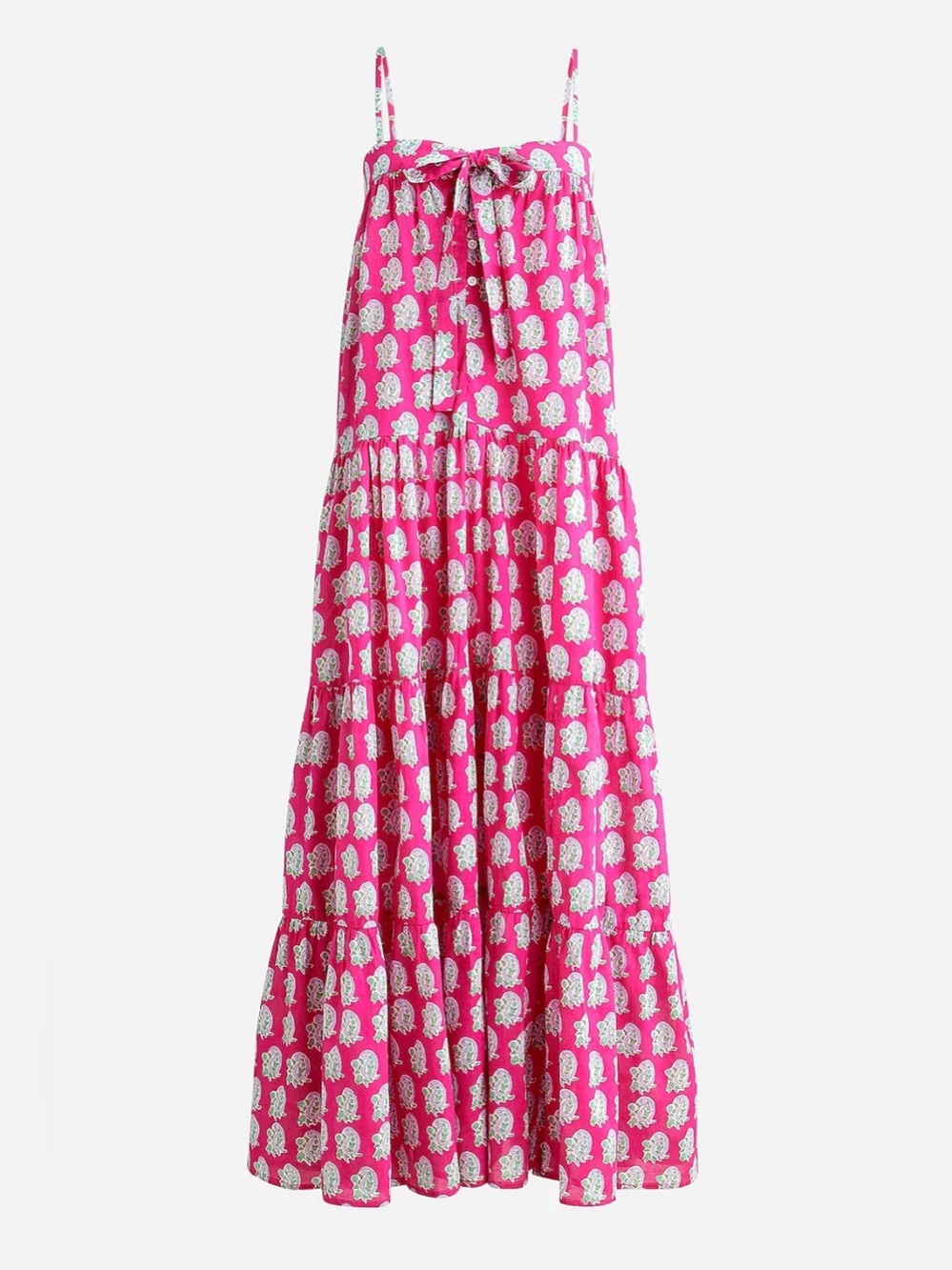 NWT SZ Blockprints x J.Crew tie-front tiered maxi dress in bright-pink paisley L